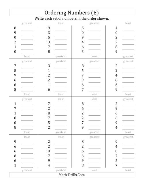 The Ordering Numbers (Range 0 to 9) (E) Math Worksheet