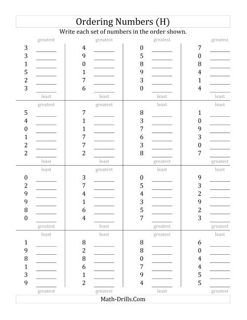 The Ordering Numbers (Range 0 to 9) (H) Math Worksheet