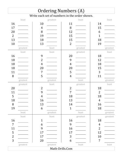 The Ordering Numbers (Range 1 to 20) (A) Math Worksheet