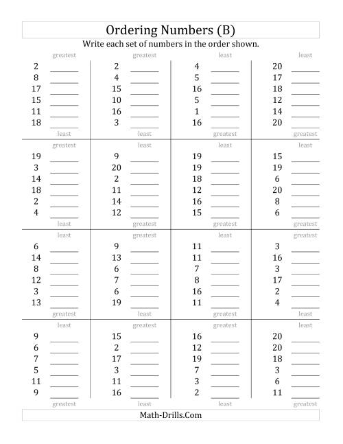 The Ordering Numbers (Range 1 to 20) (B) Math Worksheet