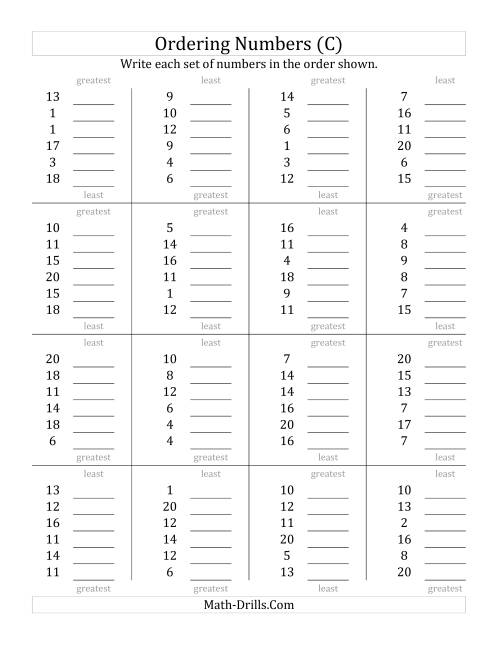 The Ordering Numbers (Range 1 to 20) (C) Math Worksheet