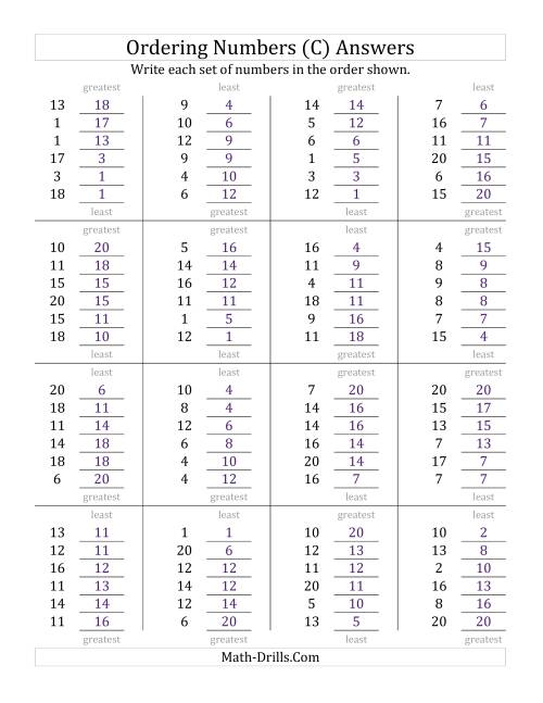 The Ordering Numbers (Range 1 to 20) (C) Math Worksheet Page 2