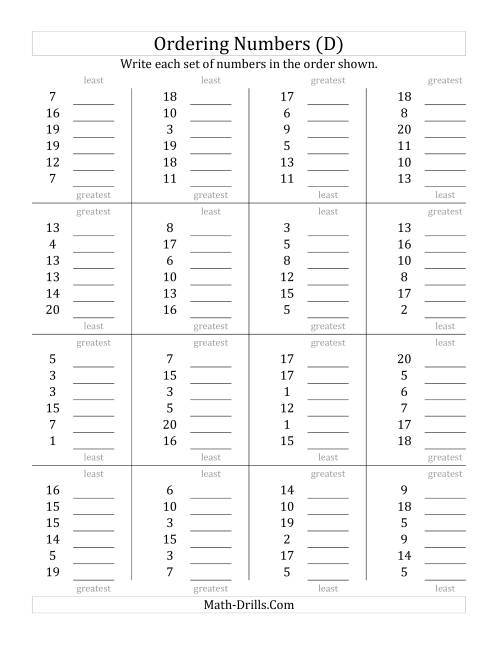 The Ordering Numbers (Range 1 to 20) (D) Math Worksheet
