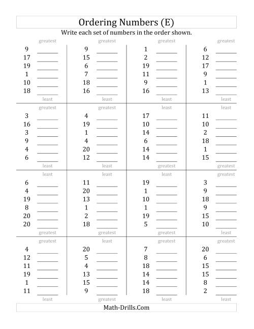 The Ordering Numbers (Range 1 to 20) (E) Math Worksheet