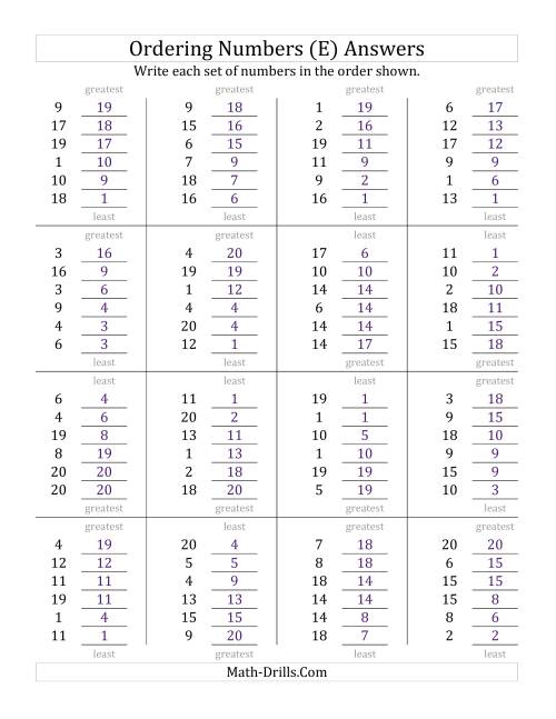 The Ordering Numbers (Range 1 to 20) (E) Math Worksheet Page 2