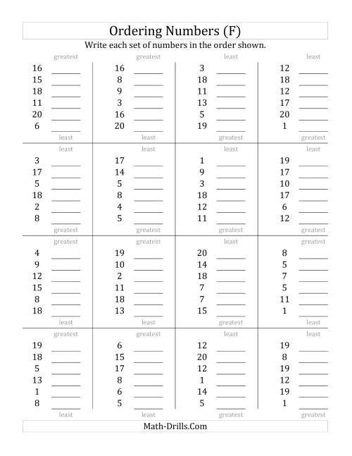 The Ordering Numbers (Range 1 to 20) (F) Math Worksheet