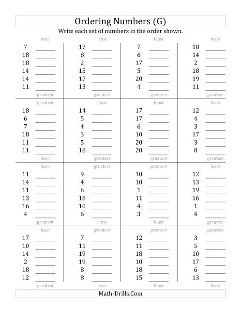 The Ordering Numbers (Range 1 to 20) (G) Math Worksheet