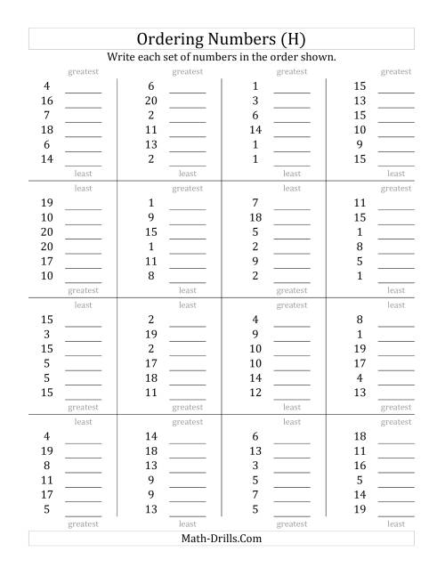 The Ordering Numbers (Range 1 to 20) (H) Math Worksheet