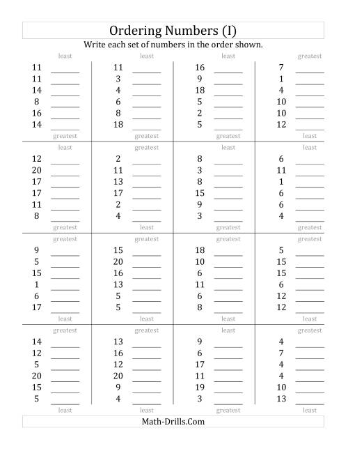 The Ordering Numbers (Range 1 to 20) (I) Math Worksheet