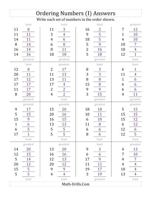 The Ordering Numbers (Range 1 to 20) (I) Math Worksheet Page 2