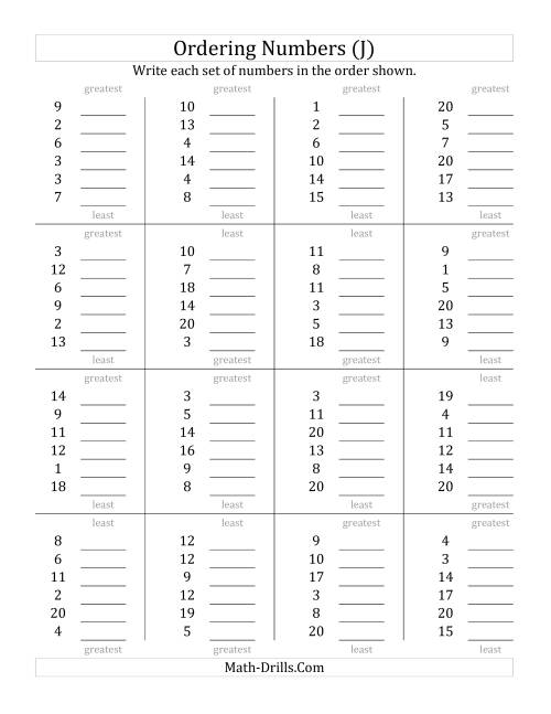 The Ordering Numbers (Range 1 to 20) (J) Math Worksheet