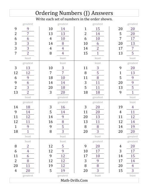 The Ordering Numbers (Range 1 to 20) (J) Math Worksheet Page 2