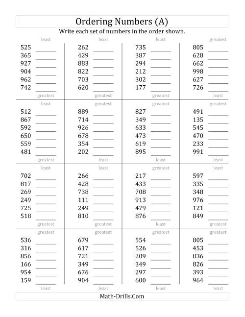 The Ordering Numbers (Range 100 to 999) (A) Math Worksheet