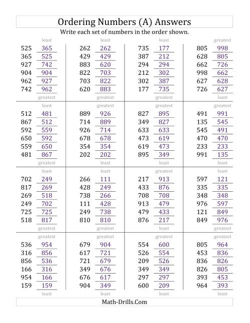 The Ordering Numbers (Range 100 to 999) (A) Math Worksheet Page 2