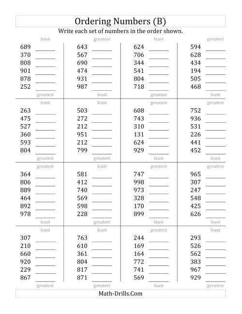 The Ordering Numbers (Range 100 to 999) (B) Math Worksheet