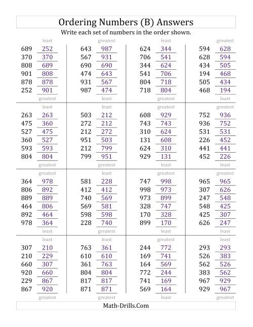 The Ordering Numbers (Range 100 to 999) (B) Math Worksheet Page 2
