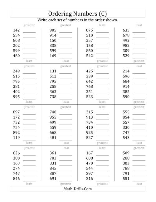 The Ordering Numbers (Range 100 to 999) (C) Math Worksheet