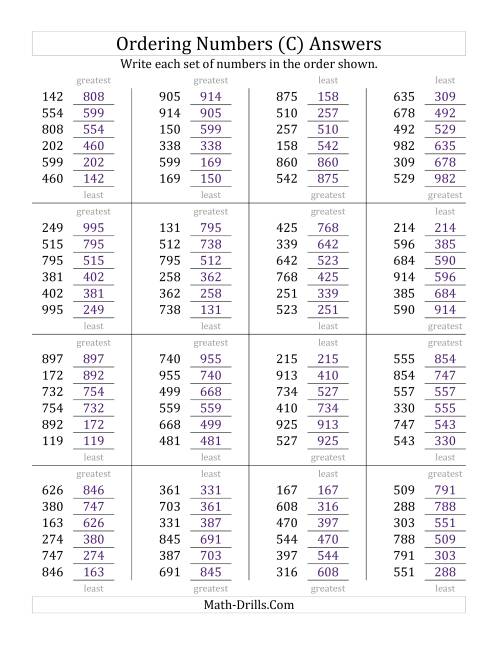 The Ordering Numbers (Range 100 to 999) (C) Math Worksheet Page 2