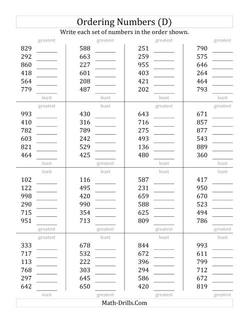 The Ordering Numbers (Range 100 to 999) (D) Math Worksheet