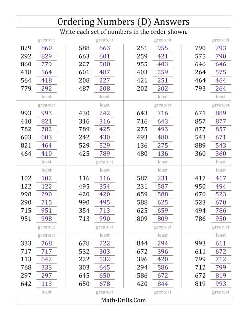 The Ordering Numbers (Range 100 to 999) (D) Math Worksheet Page 2