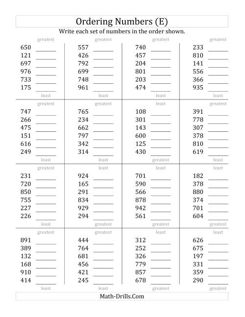 The Ordering Numbers (Range 100 to 999) (E) Math Worksheet
