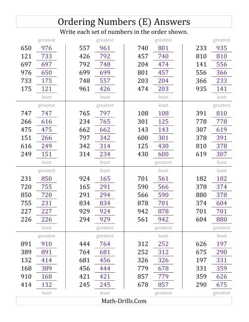The Ordering Numbers (Range 100 to 999) (E) Math Worksheet Page 2