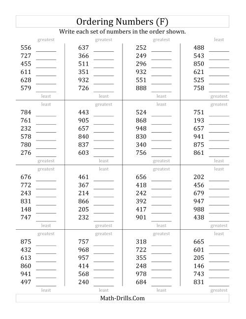 The Ordering Numbers (Range 100 to 999) (F) Math Worksheet