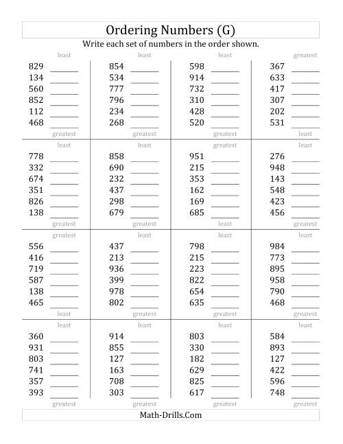 The Ordering Numbers (Range 100 to 999) (G) Math Worksheet