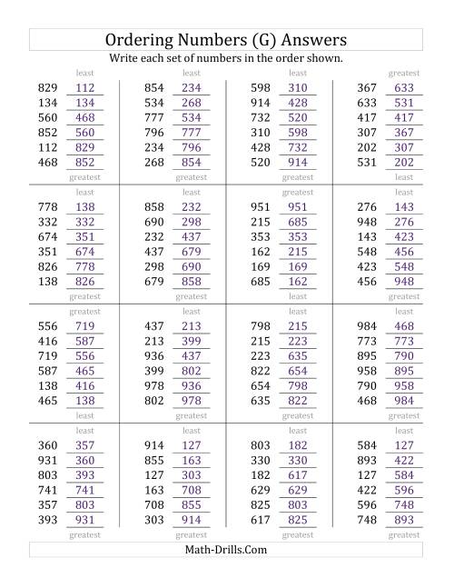 The Ordering Numbers (Range 100 to 999) (G) Math Worksheet Page 2