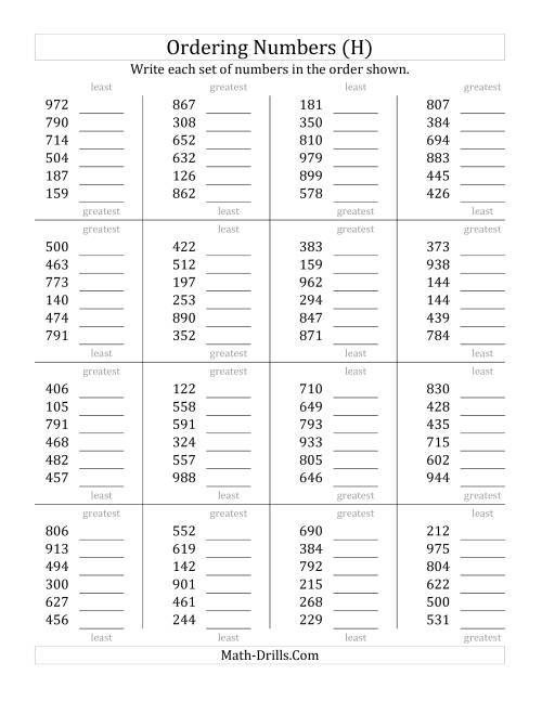 The Ordering Numbers (Range 100 to 999) (H) Math Worksheet