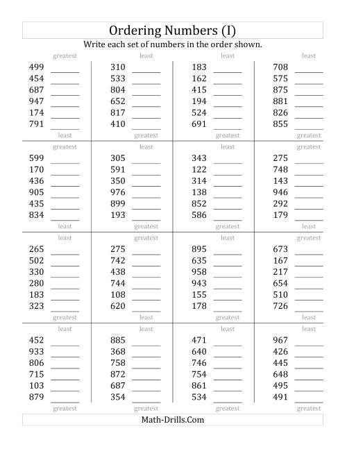The Ordering Numbers (Range 100 to 999) (I) Math Worksheet