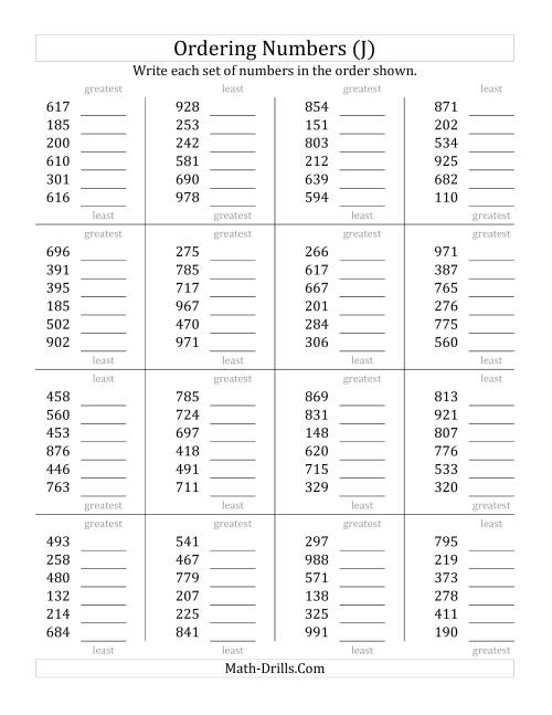 The Ordering Numbers (Range 100 to 999) (J) Math Worksheet