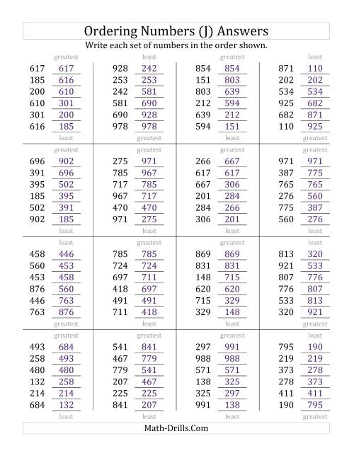 The Ordering Numbers (Range 100 to 999) (J) Math Worksheet Page 2