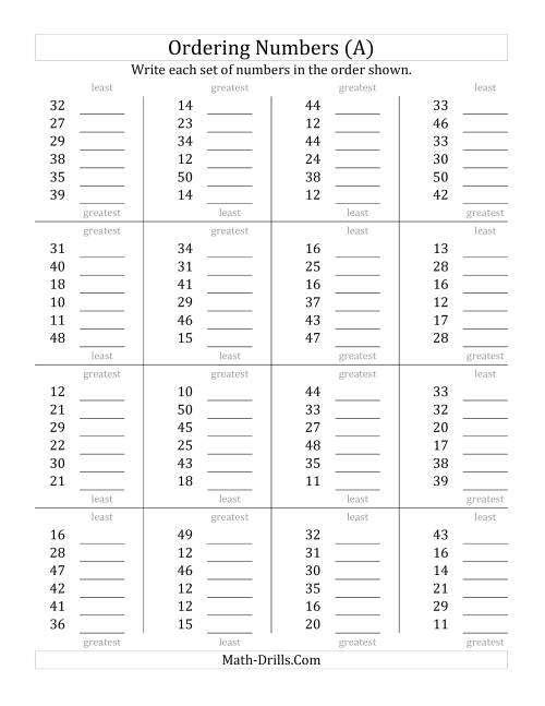 The Ordering Numbers (Range 10 to 50) (A) Math Worksheet