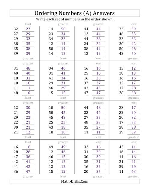 The Ordering Numbers (Range 10 to 50) (A) Math Worksheet Page 2