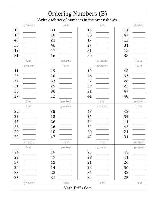 The Ordering Numbers (Range 10 to 50) (B) Math Worksheet