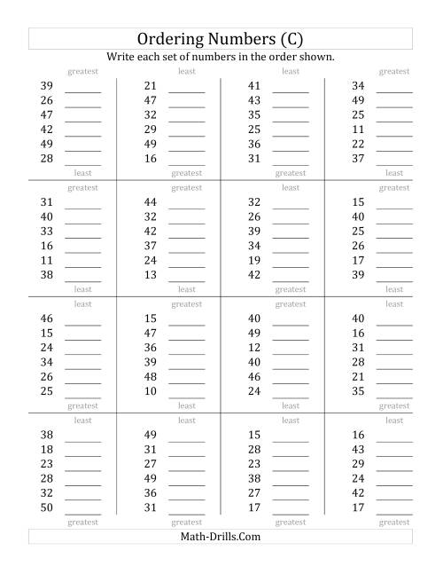 The Ordering Numbers (Range 10 to 50) (C) Math Worksheet