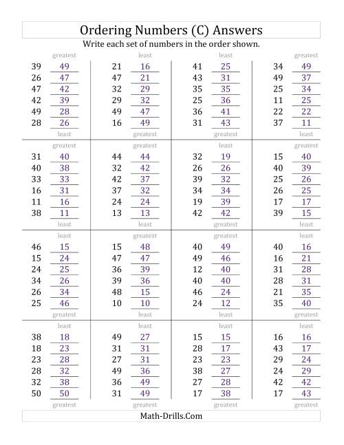 The Ordering Numbers (Range 10 to 50) (C) Math Worksheet Page 2