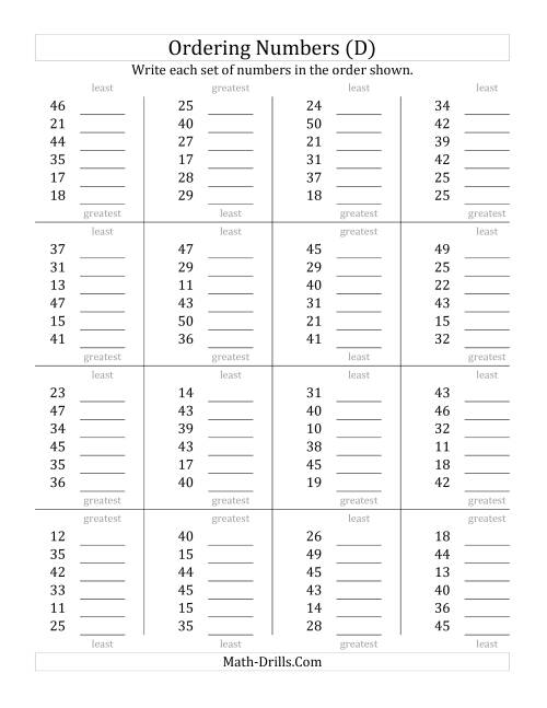 The Ordering Numbers (Range 10 to 50) (D) Math Worksheet
