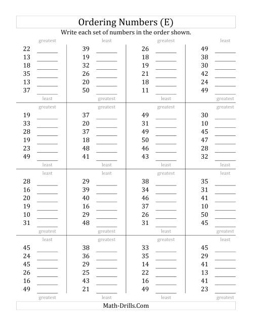The Ordering Numbers (Range 10 to 50) (E) Math Worksheet
