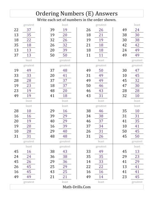 The Ordering Numbers (Range 10 to 50) (E) Math Worksheet Page 2