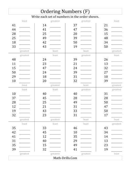 The Ordering Numbers (Range 10 to 50) (F) Math Worksheet