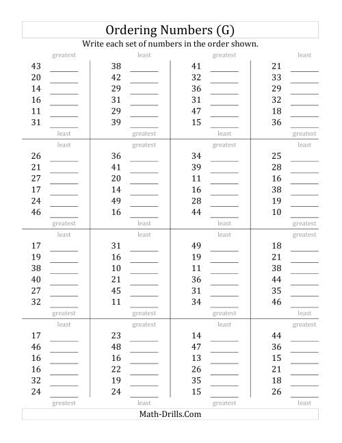 The Ordering Numbers (Range 10 to 50) (G) Math Worksheet
