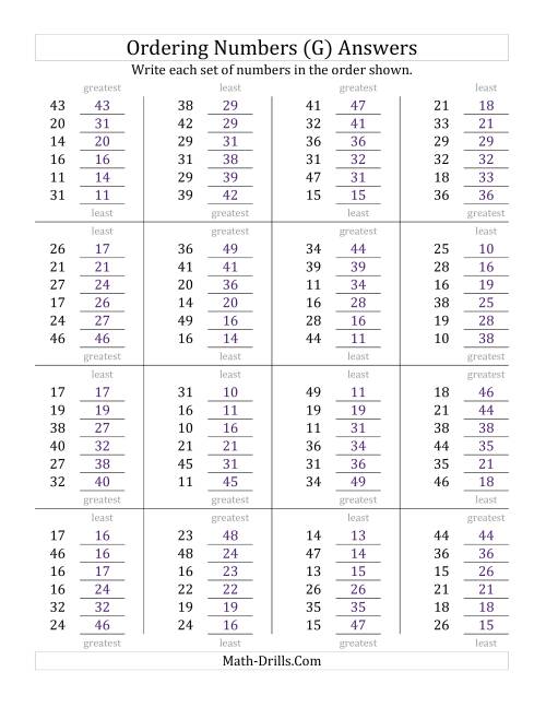 The Ordering Numbers (Range 10 to 50) (G) Math Worksheet Page 2