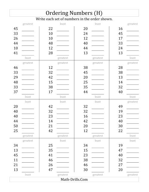 The Ordering Numbers (Range 10 to 50) (H) Math Worksheet