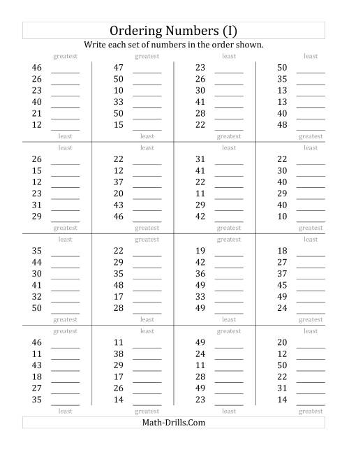 The Ordering Numbers (Range 10 to 50) (I) Math Worksheet