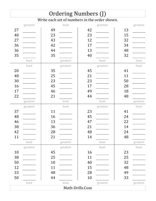 The Ordering Numbers (Range 10 to 50) (J) Math Worksheet