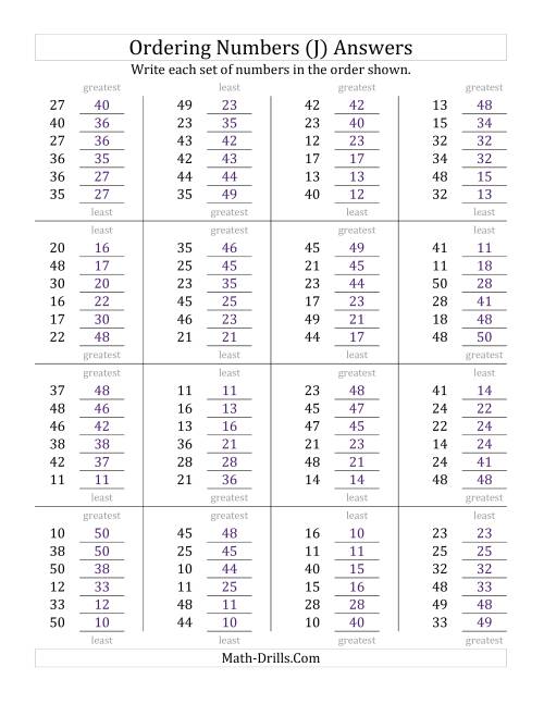 The Ordering Numbers (Range 10 to 50) (J) Math Worksheet Page 2