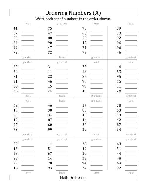 The Ordering Numbers (Range 10 to 99) (A) Math Worksheet