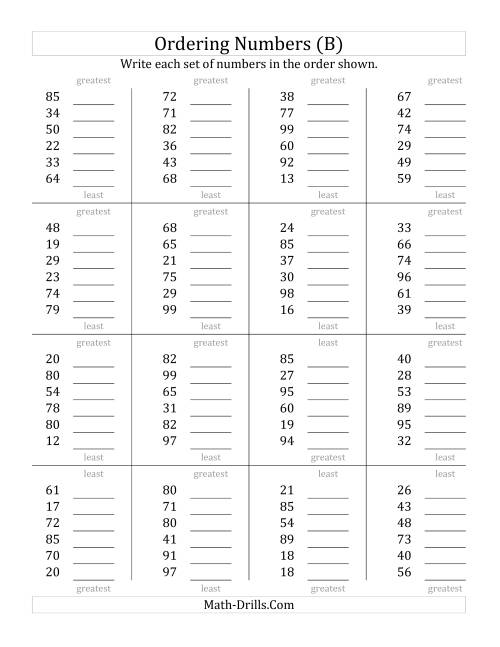 The Ordering Numbers (Range 10 to 99) (B) Math Worksheet